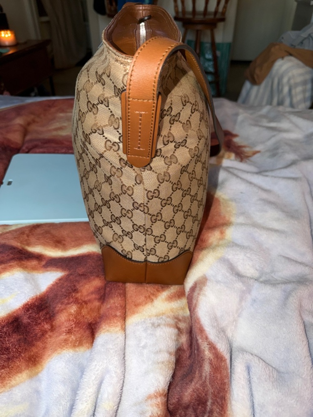 Gucci Tan Monogram Shoulder Bag with Brown Leather Trim - Picture 5 of 8